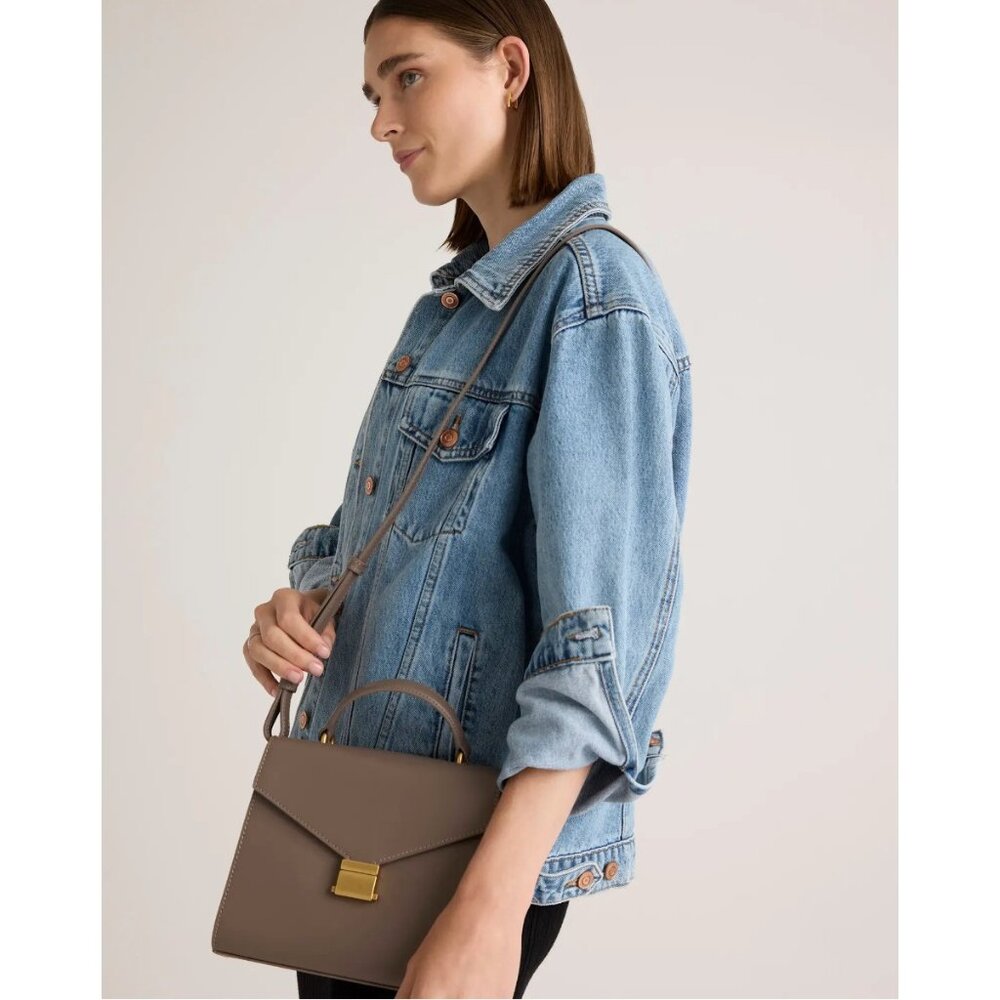 Quince Taupe Structured Leather Crossbody Bag with Gold Hardware
